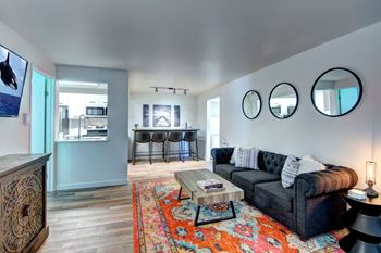 A living room with a couch, a coffee table, and a rug